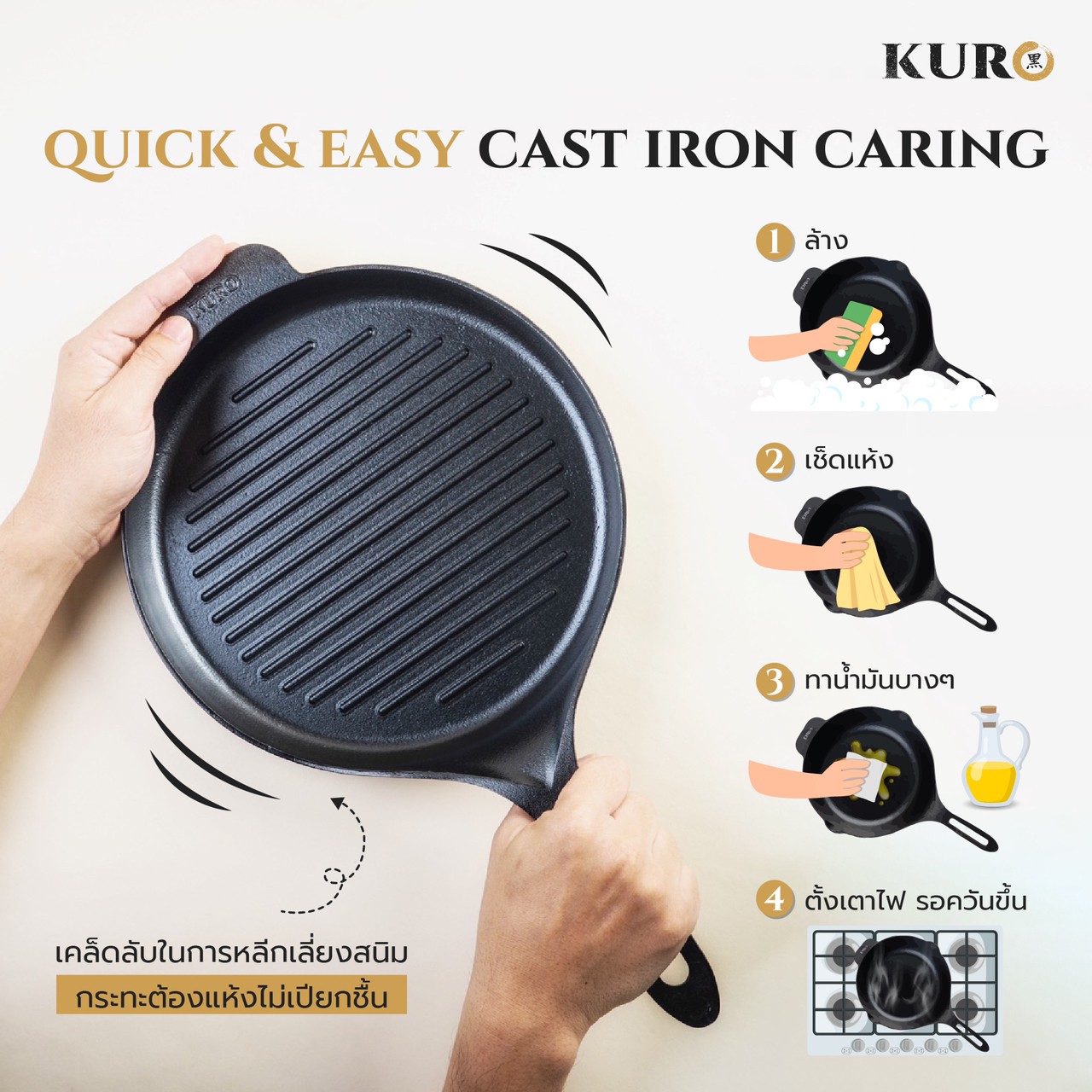 KURO Niku Ridged Grill Cast Iron Pan 10"